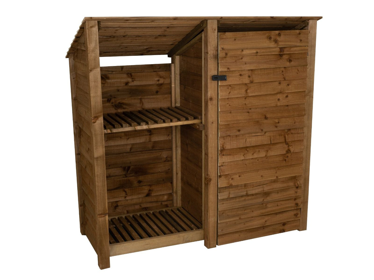 Wooden Garden Tool Storage (Roof Sloping Back) with Shelf W-187cm, H-126cm or 180cm, D-88cm - Brown Finish - SGP Garden Ltd
