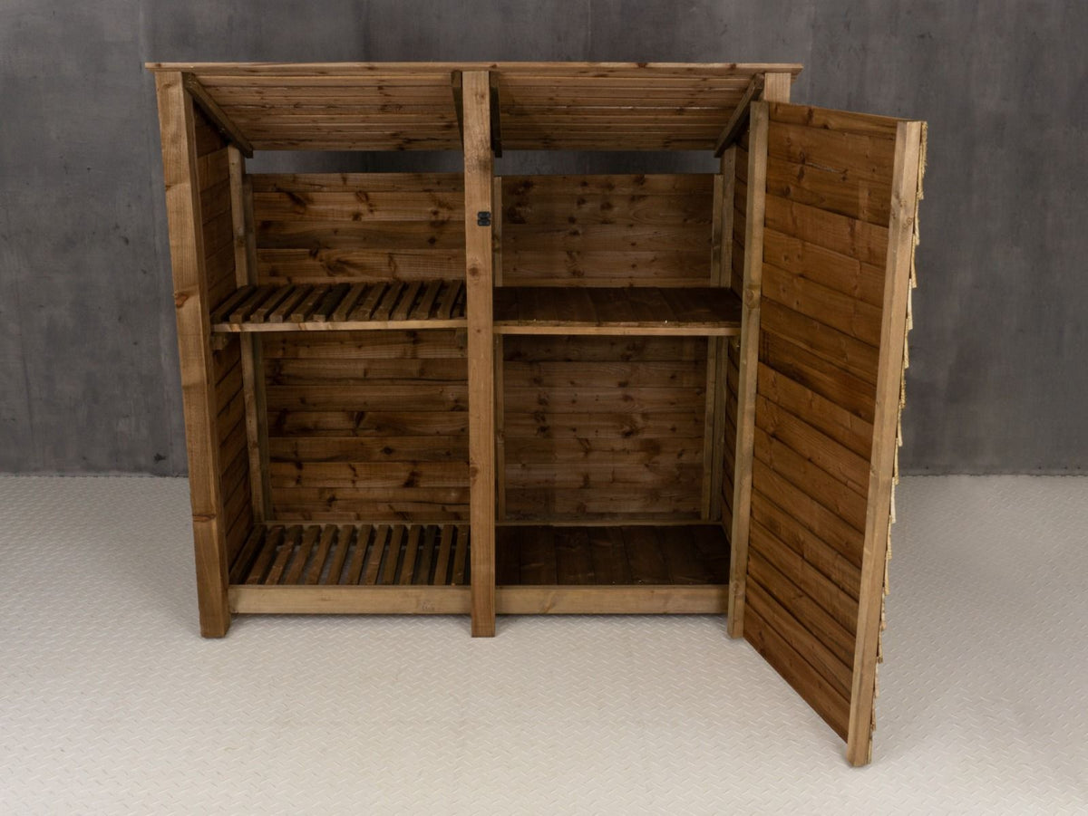 Wooden Garden Tool Storage (Roof Sloping Back) with Shelf W-187cm, H-126cm or 180cm, D-88cm - Brown Finish - SGP Garden Ltd
