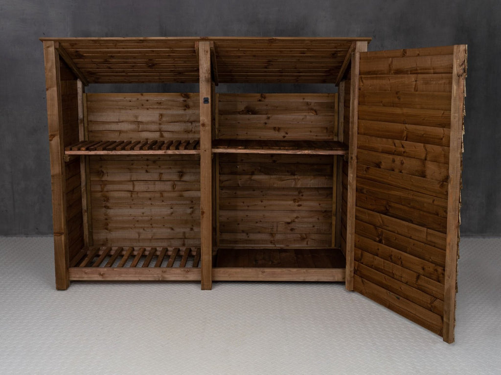 Wooden Garden Tool Storage (Roof Sloping Back) with Shelf W-227cm, H-126cm or 180cm, D-88cm - Brown Finish - SGP Garden Ltd