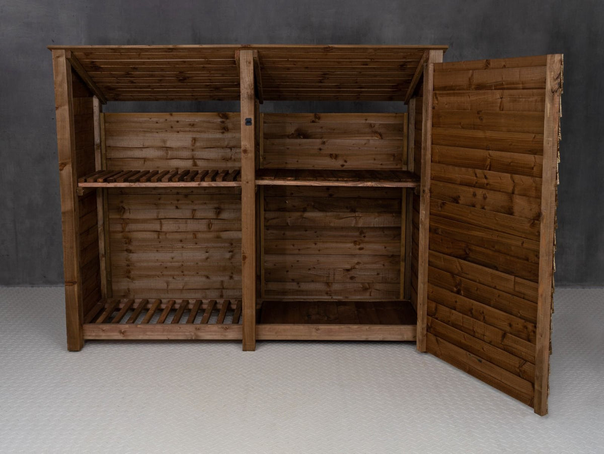 Wooden Garden Tool Storage (Roof Sloping Back) with Shelf W-227cm, H-126cm or 180cm, D-88cm - Brown Finish - SGP Garden Ltd