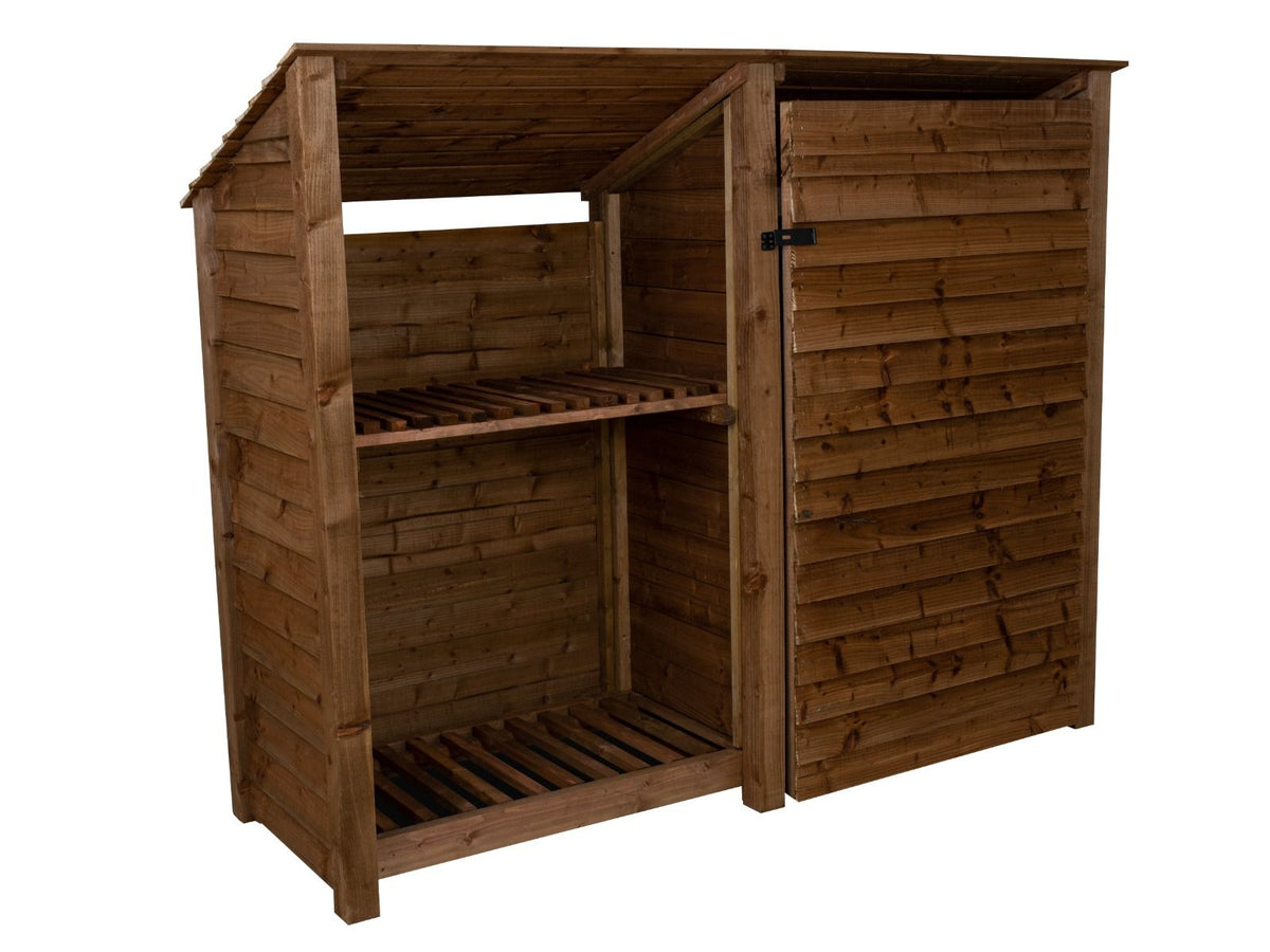 Wooden Garden Tool Storage (Roof Sloping Back) with Shelf W-227cm, H-126cm or 180cm, D-88cm - Brown Finish - SGP Garden Ltd