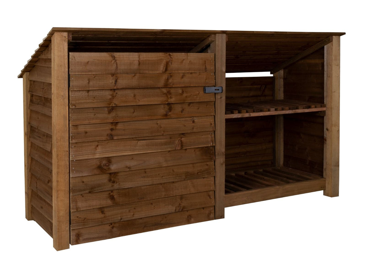 Wooden Garden Tool Storage (Roof Sloping Back) with Shelf W-227cm, H-126cm or 180cm, D-88cm - Brown Finish - SGP Garden Ltd
