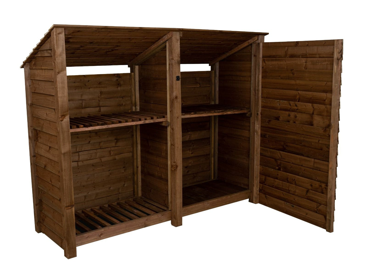 Wooden Garden Tool Storage (Roof Sloping Back) with Shelf W-227cm, H-126cm or 180cm, D-88cm - Brown Finish - SGP Garden Ltd