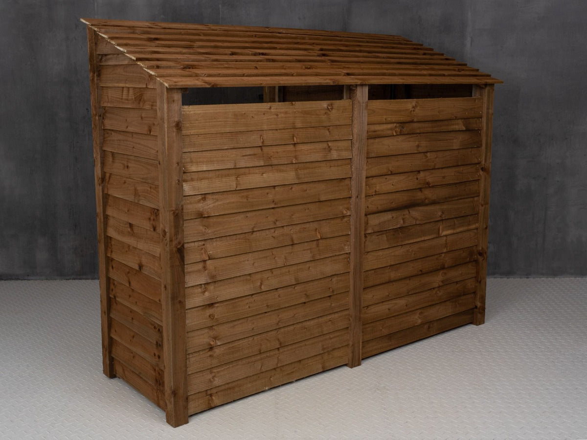 Wooden Garden Tool Storage (Roof Sloping Back) with Shelf W-227cm, H-126cm or 180cm, D-88cm - Brown Finish - SGP Garden Ltd