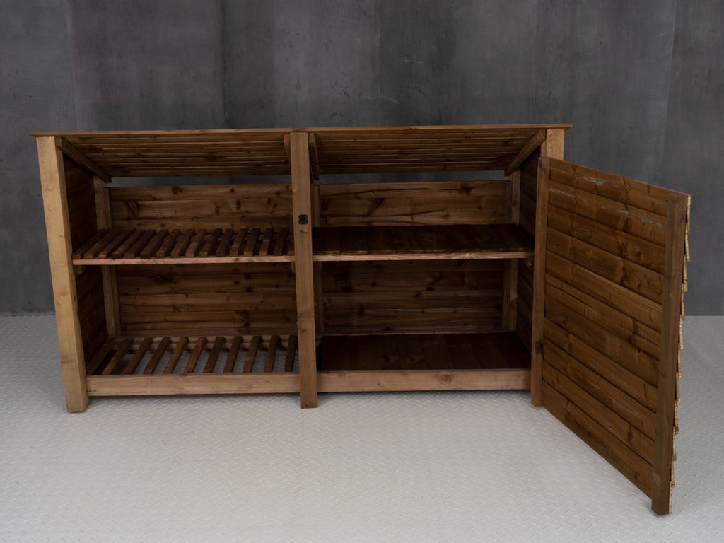 Wooden Garden Tool Storage (Roof Sloping Back) with Shelf W-227cm, H-126cm or 180cm, D-88cm - Brown Finish - SGP Garden Ltd