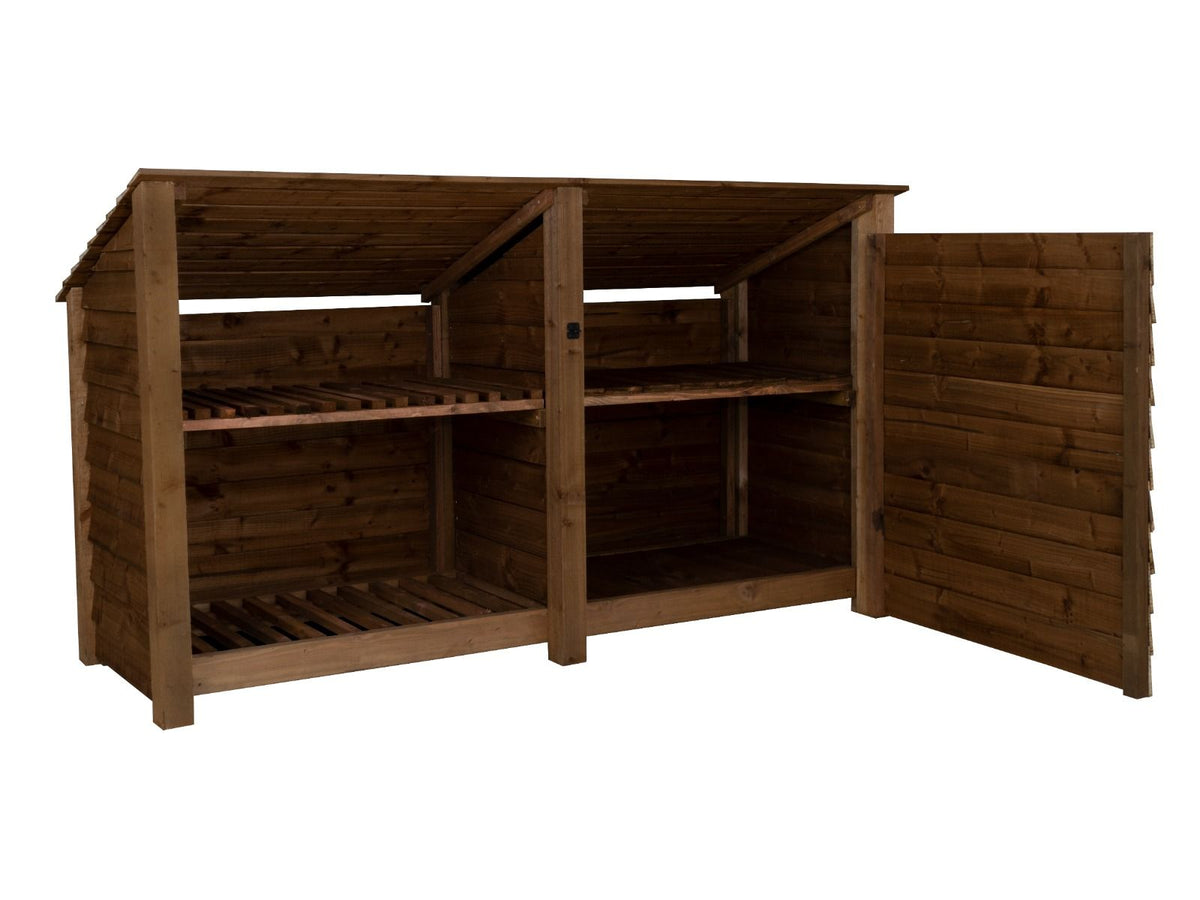 Wooden Garden Tool Storage (Roof Sloping Back) with Shelf W-227cm, H-126cm or 180cm, D-88cm - Brown Finish - SGP Garden Ltd
