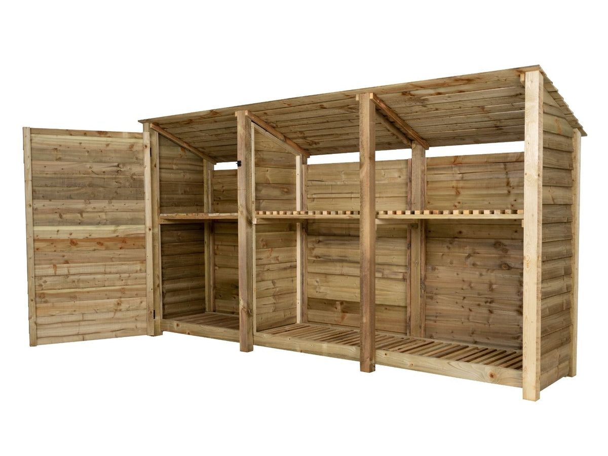 Wooden Garden Tool Storage (Roof Sloping Back) with Shelf W-335cm, H-126cm or 180cm, D-88cm - SGP Garden Ltd