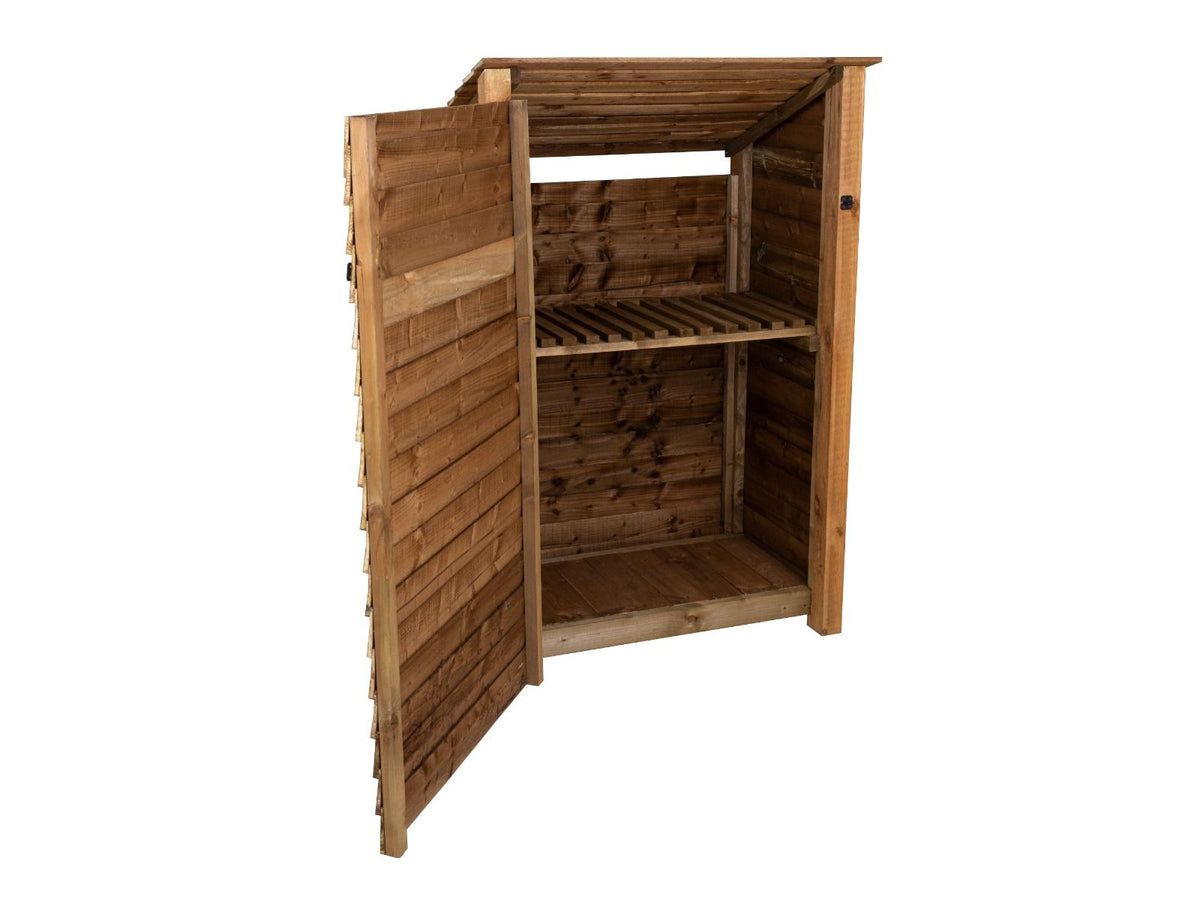 Wooden Garden Tool Storage with Shelf (Roof Sloping Back) W-119cm, H-126cm or 180cm, D-88cm - Brown Finish - SGP Garden Ltd