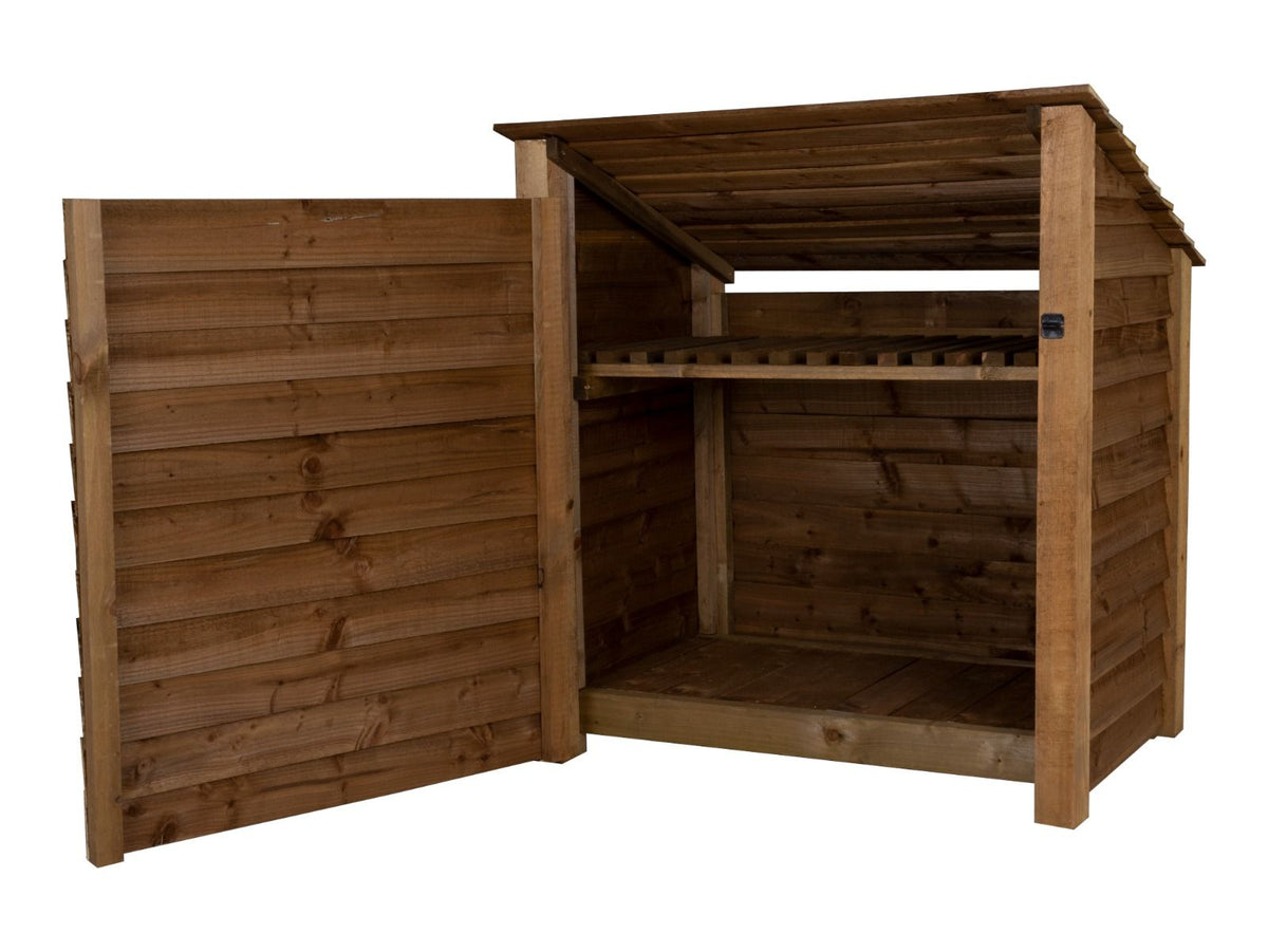 Wooden Garden Tool Storage with Shelf (Roof Sloping Back) W-119cm, H-126cm or 180cm, D-88cm - Brown Finish - SGP Garden Ltd