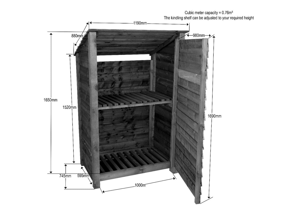 Wooden Garden Tool Storage with Shelf (Roof Sloping Back) W-119cm, H-126cm or 180cm, D-88cm - Brown Finish - SGP Garden Ltd