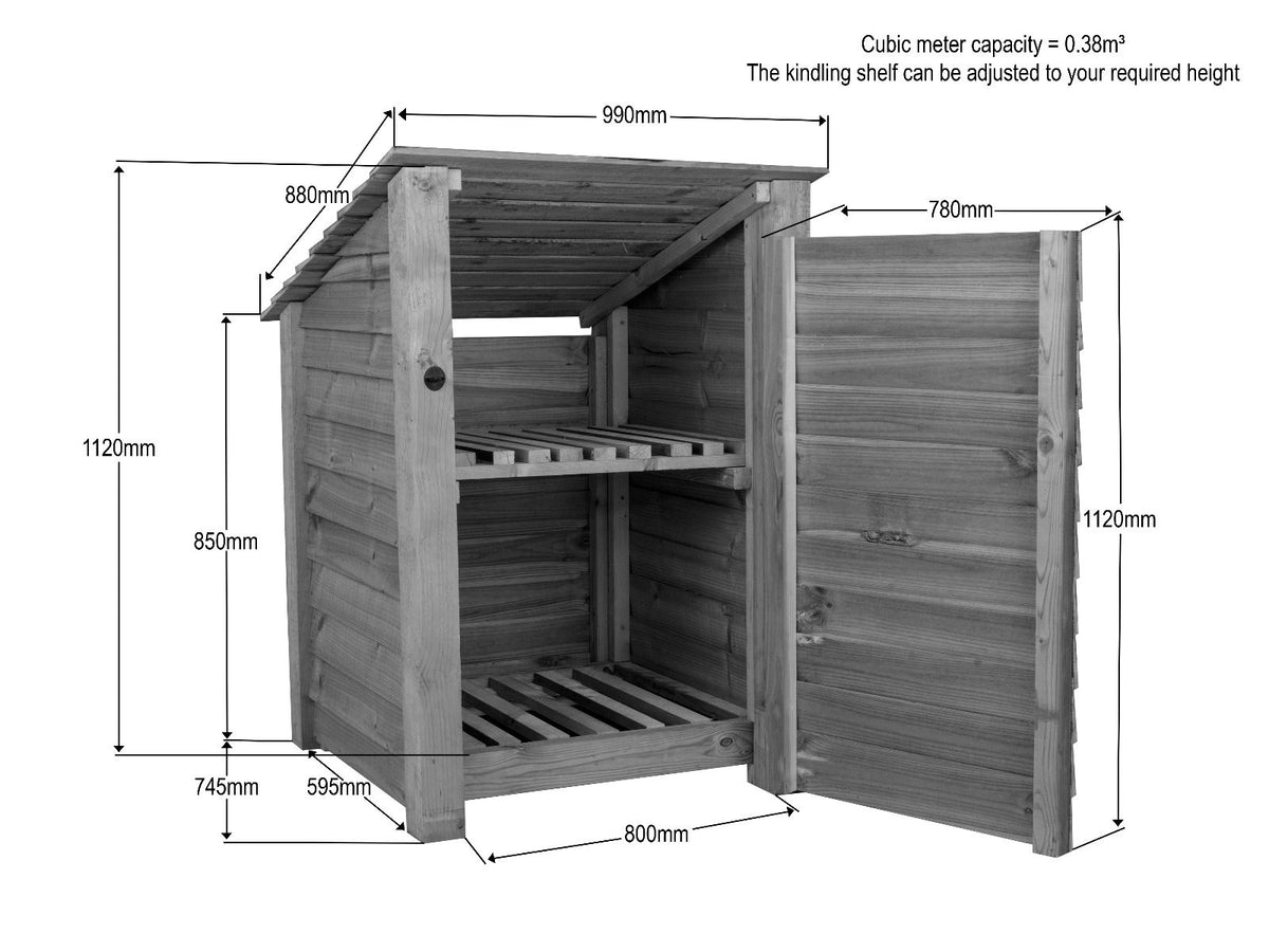 Wooden Garden Tool Storage with Shelf (Roof Sloping Back) W-99cm, H-126cm or 180cm, D-88cm - Brown Finish - SGP Garden Ltd