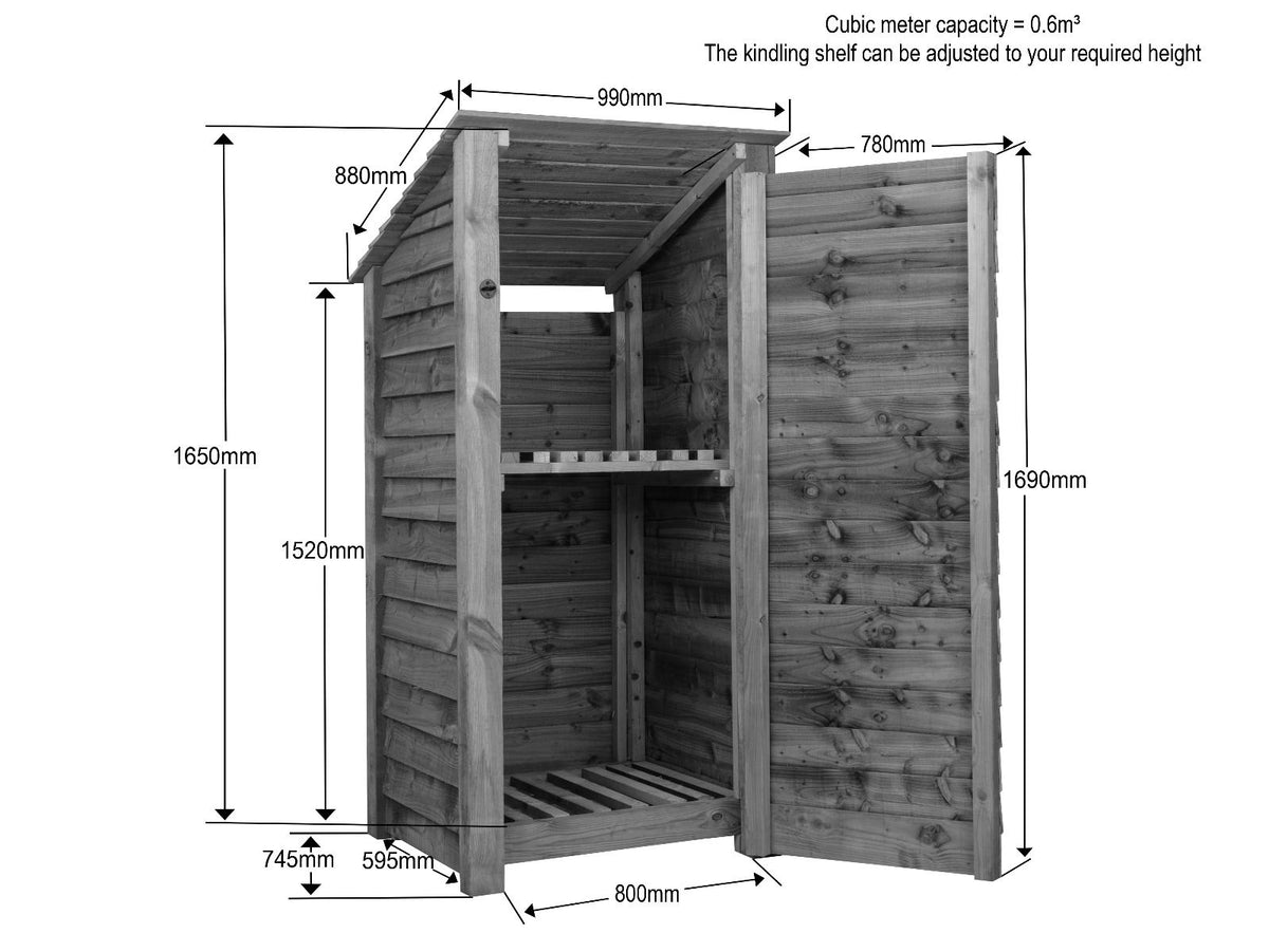 Wooden Garden Tool Storage with Shelf (Roof Sloping Back) W-99cm, H-126cm or 180cm, D-88cm - Brown Finish - SGP Garden Ltd