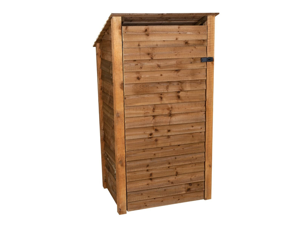 Wooden Garden Tool Storage with Shelf (Roof Sloping Back) W-99cm, H-126cm or 180cm, D-88cm - Brown Finish - SGP Garden Ltd