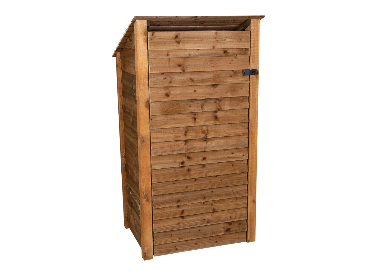 Wooden Garden Tool Storage with Shelf (Roof Sloping Back) W-99cm, H-126cm or 180cm, D-88cm - Brown Finish - SGP Garden Ltd