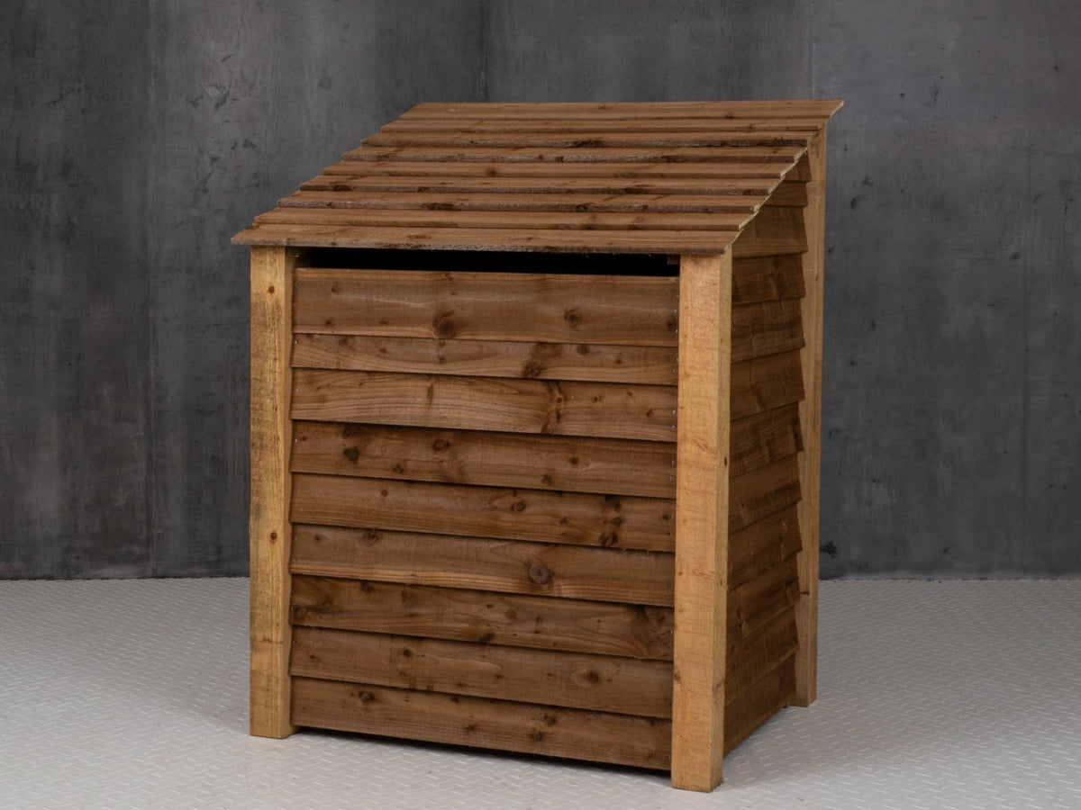 Wooden Garden Tool Storage with Shelf (Roof Sloping Back) W-99cm, H-126cm or 180cm, D-88cm - Brown Finish - SGP Garden Ltd