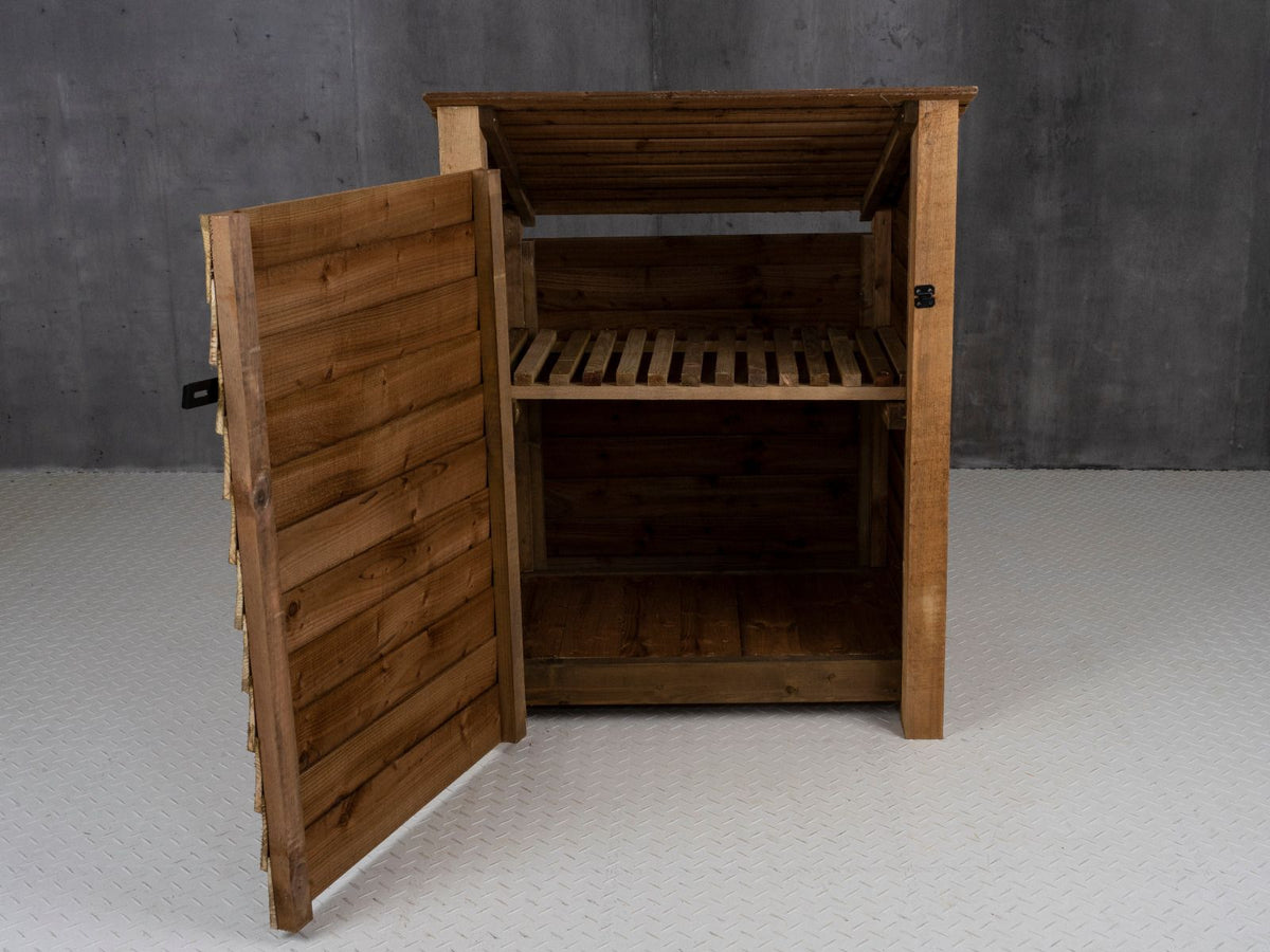 Wooden Garden Tool Storage with Shelf (Roof Sloping Back) W-99cm, H-126cm or 180cm, D-88cm - Brown Finish - SGP Garden Ltd