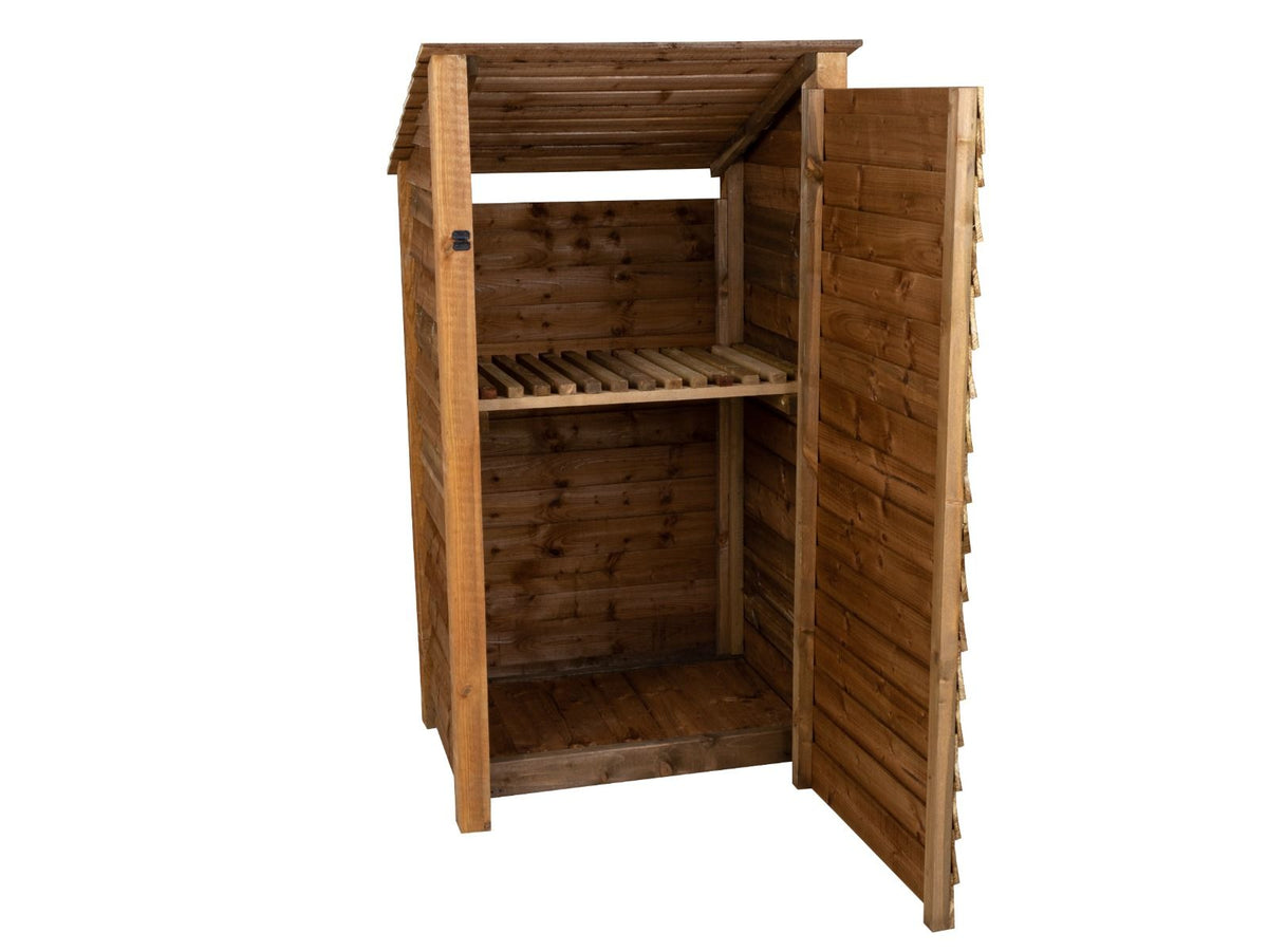 Wooden Garden Tool Storage with Shelf (Roof Sloping Back) W-99cm, H-126cm or 180cm, D-88cm - Brown Finish - SGP Garden Ltd