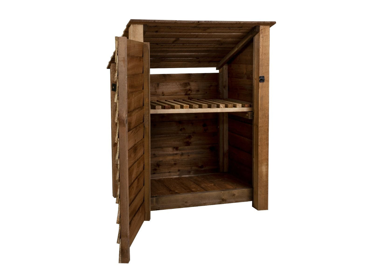 Wooden Garden Tool Storage with Shelf (Roof Sloping Back) W-99cm, H-126cm or 180cm, D-88cm - Brown Finish - SGP Garden Ltd