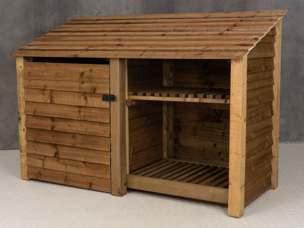 Wooden Garden Tool Storage with Shelf W-187cm, H-126cm or 180cm, D-88cm - Brown Finish - SGP Garden Ltd