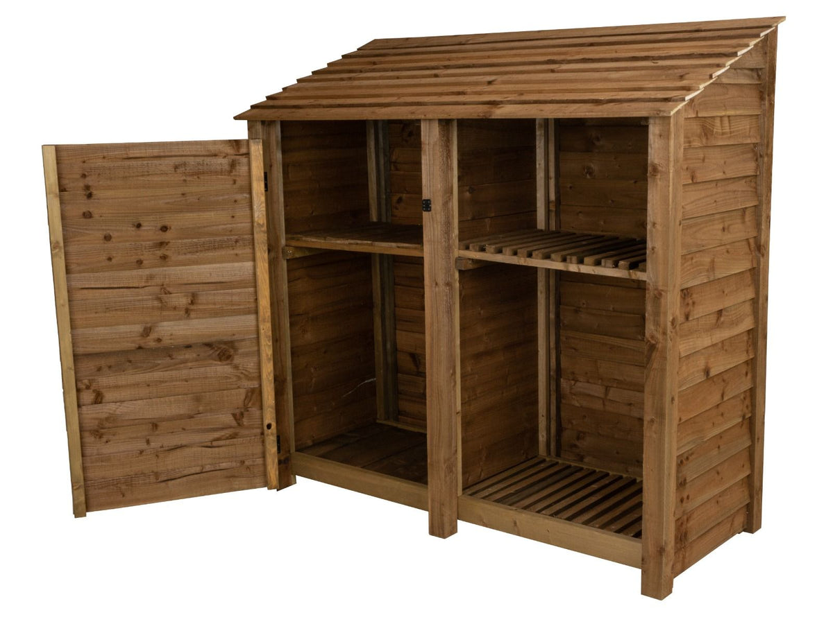 Wooden Garden Tool Storage with Shelf W-187cm, H-126cm or 180cm, D-88cm - Brown Finish - SGP Garden Ltd