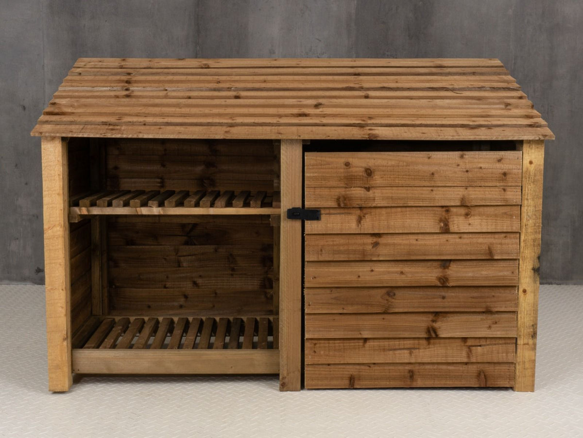 Wooden Garden Tool Storage with Shelf W-187cm, H-126cm or 180cm, D-88cm - Brown Finish - SGP Garden Ltd