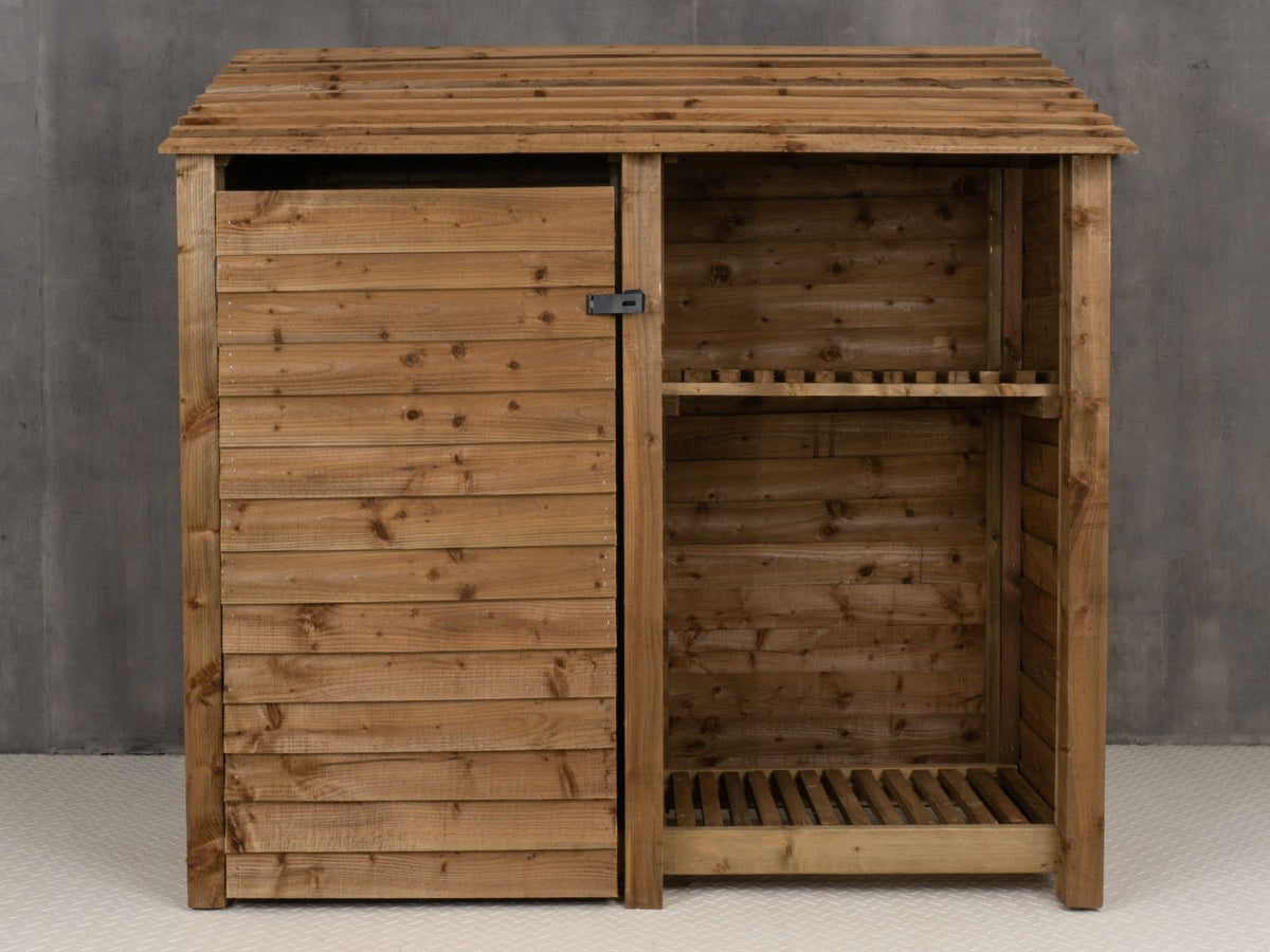 Wooden Garden Tool Storage with Shelf W-187cm, H-126cm or 180cm, D-88cm - Brown Finish - SGP Garden Ltd