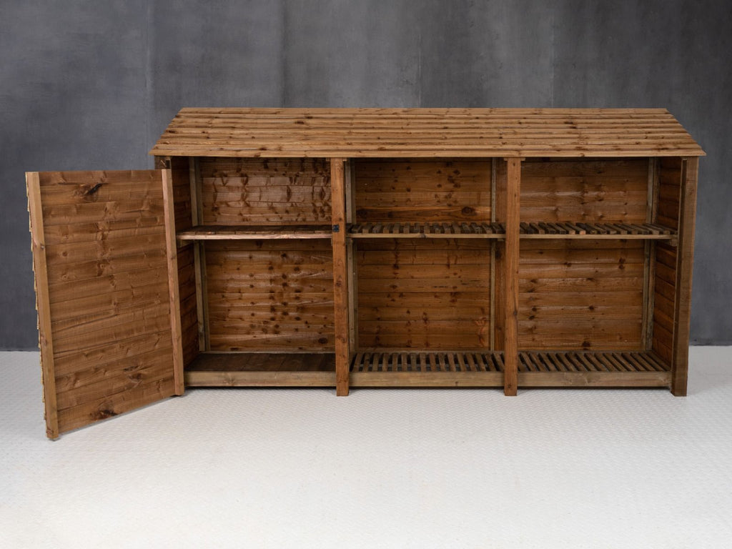 Wooden Garden Tool Storage with Shelf W-335cm, H-126cm or 180cm, D-88cm - Brown Finish - SGP Garden Ltd