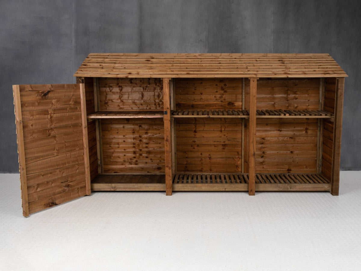 Wooden Garden Tool Storage with Shelf W-335cm, H-126cm or 180cm, D-88cm - Brown Finish - SGP Garden Ltd