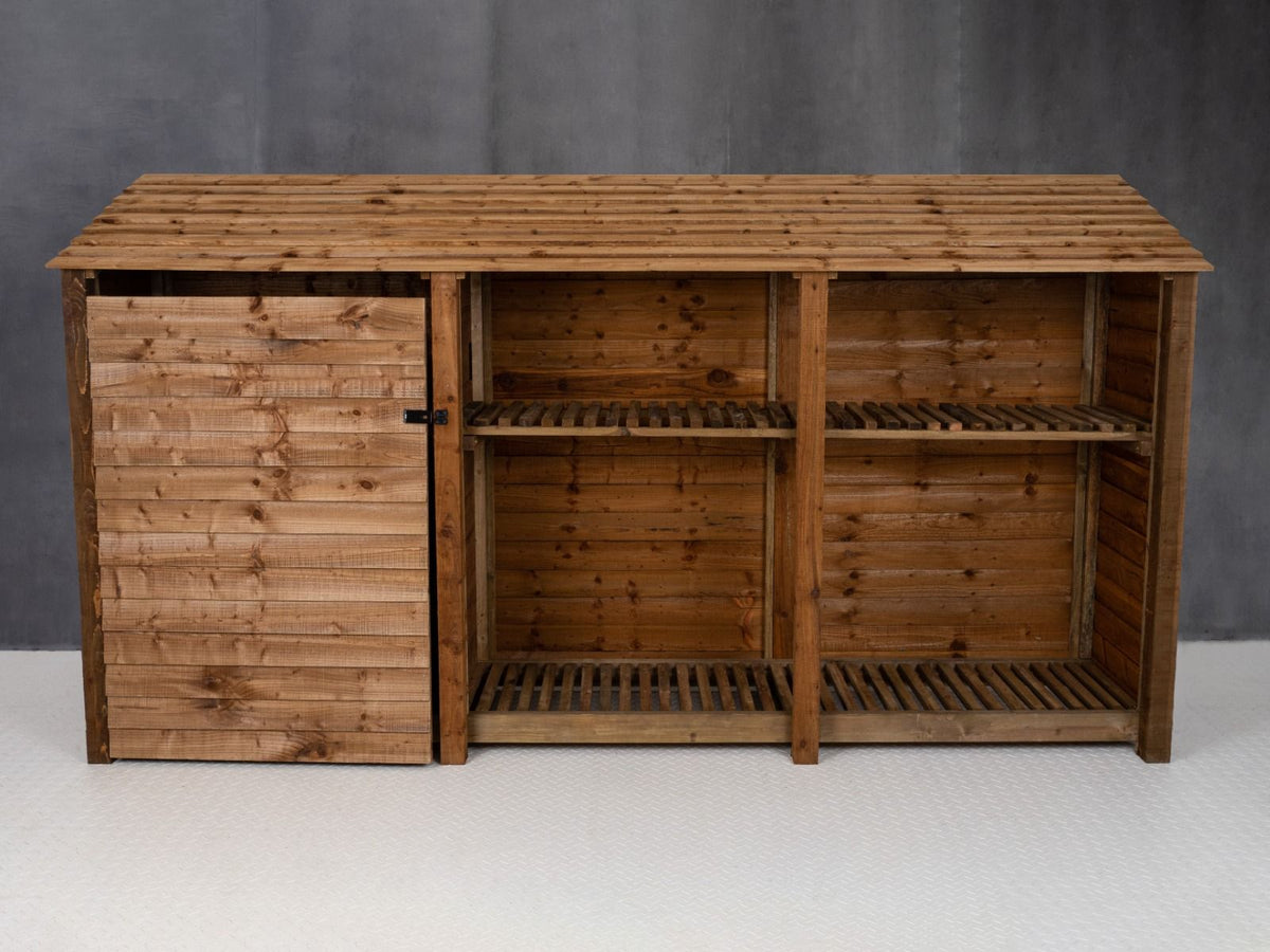 Wooden Garden Tool Storage with Shelf W-335cm, H-126cm or 180cm, D-88cm - Brown Finish - SGP Garden Ltd