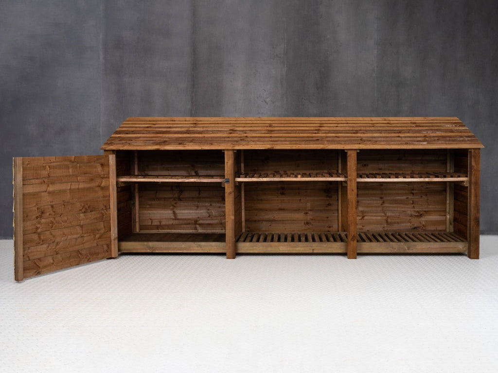 Wooden Garden Tool Storage with Shelf W-335cm, H-126cm or 180cm, D-88cm - Brown Finish - SGP Garden Ltd