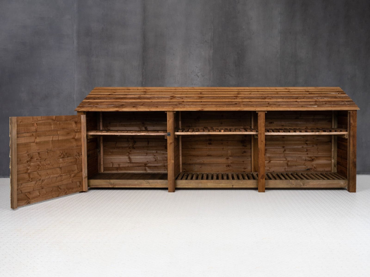 Wooden Garden Tool Storage with Shelf W-335cm, H-126cm or 180cm, D-88cm - Brown Finish - SGP Garden Ltd