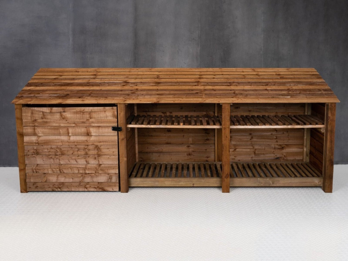 Wooden Garden Tool Storage with Shelf W-335cm, H-126cm or 180cm, D-88cm - Brown Finish - SGP Garden Ltd