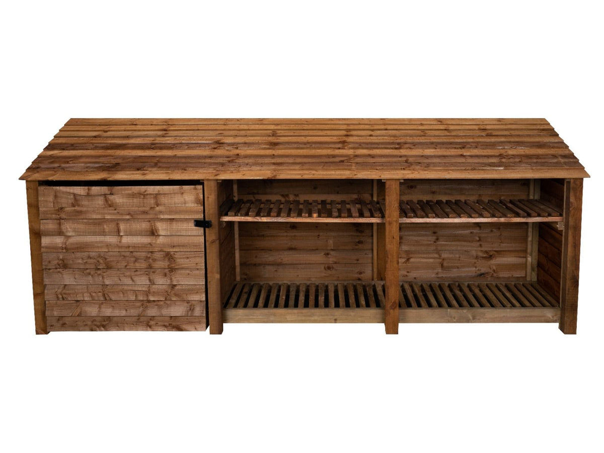 Wooden Garden Tool Storage with Shelf W-335cm, H-126cm or 180cm, D-88cm - Brown Finish - SGP Garden Ltd