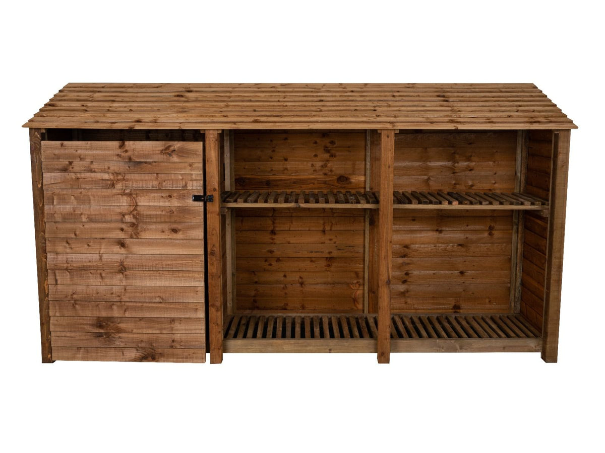 Wooden Garden Tool Storage with Shelf W-335cm, H-126cm or 180cm, D-88cm - Brown Finish - SGP Garden Ltd