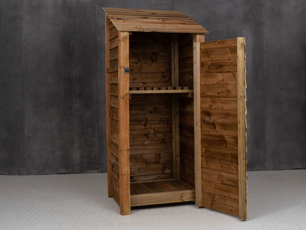 Wooden Garden Tool Storage with Shelf W-79cm, H-126cm or 180cm, D-88cm - Brown Finish - SGP Garden Ltd