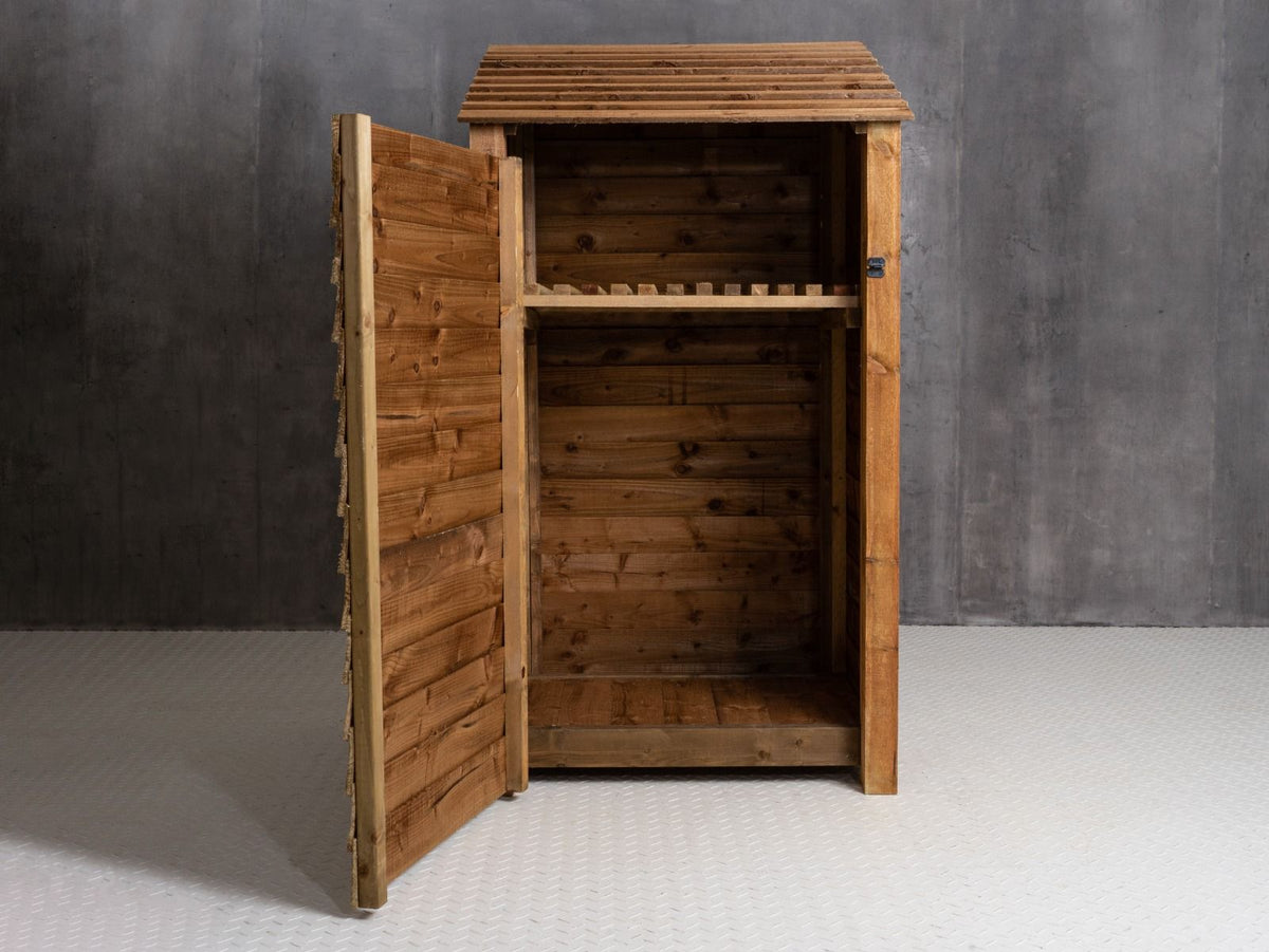 Wooden Garden Tool Storage with Shelf W-99cm, H-126cm or 180cm, D-88cm - Brown Finish - SGP Garden Ltd