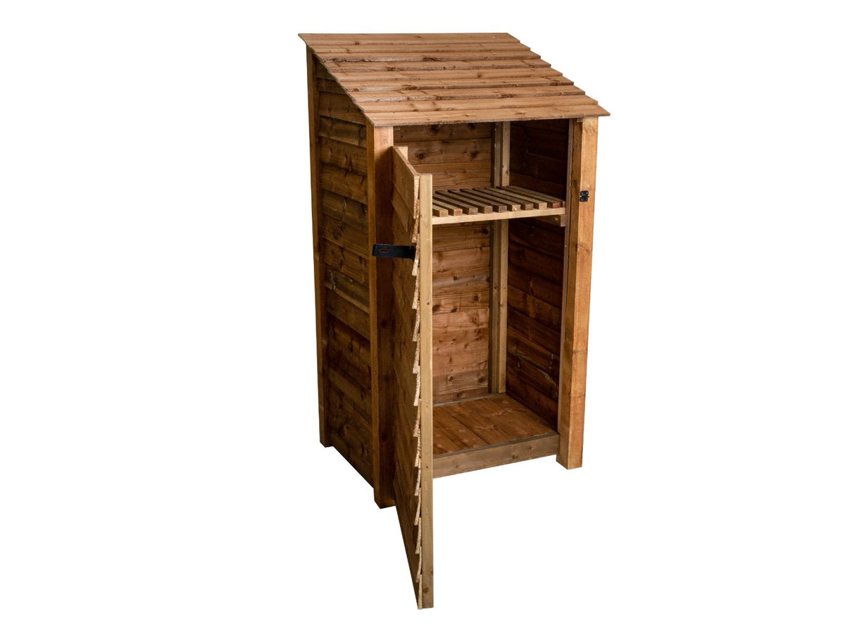Wooden Garden Tool Storage with Shelf W-99cm, H-126cm or 180cm, D-88cm - Brown Finish - SGP Garden Ltd