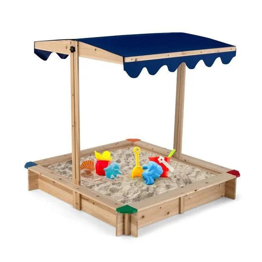 Wooden Kids Sandbox with Height‑Adjustable Canopy & Protective Corners - SGP Garden Ltd