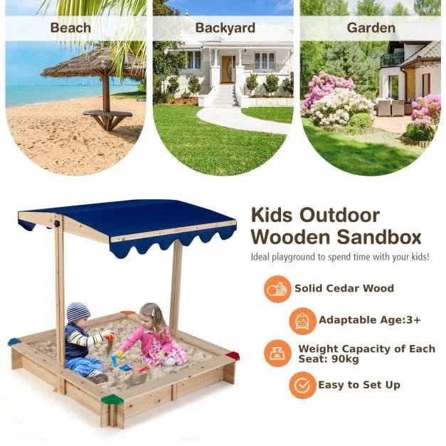 Wooden Kids Sandbox with Height‑Adjustable Canopy & Protective Corners - SGP Garden Ltd