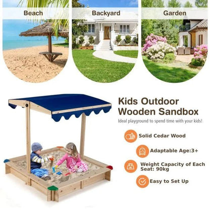 Wooden Kids Sandbox with Height‑Adjustable Canopy & Protective Corners - SGP Garden Ltd