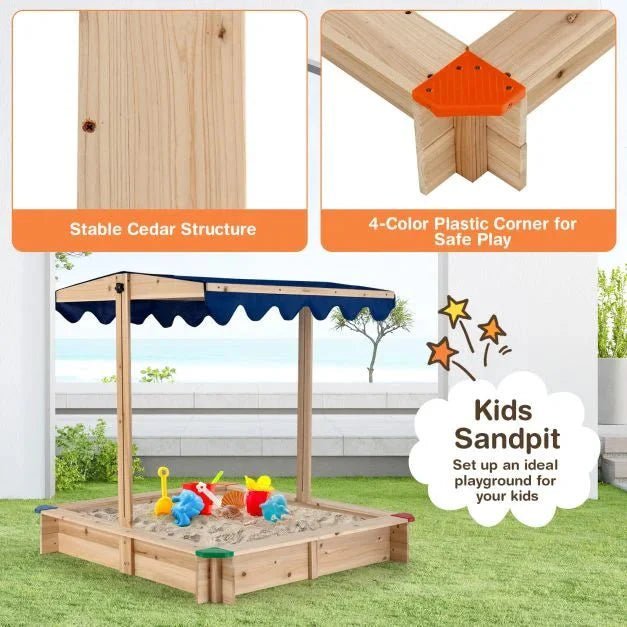 Wooden Kids Sandbox with Height‑Adjustable Canopy & Protective Corners - SGP Garden Ltd