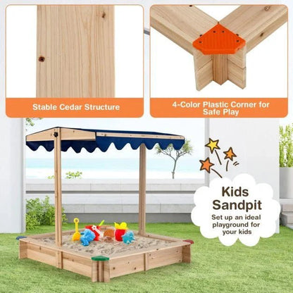 Wooden Kids Sandbox with Height‑Adjustable Canopy & Protective Corners - SGP Garden Ltd