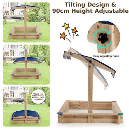 Wooden Kids Sandbox with Height‑Adjustable Canopy & Protective Corners - SGP Garden Ltd