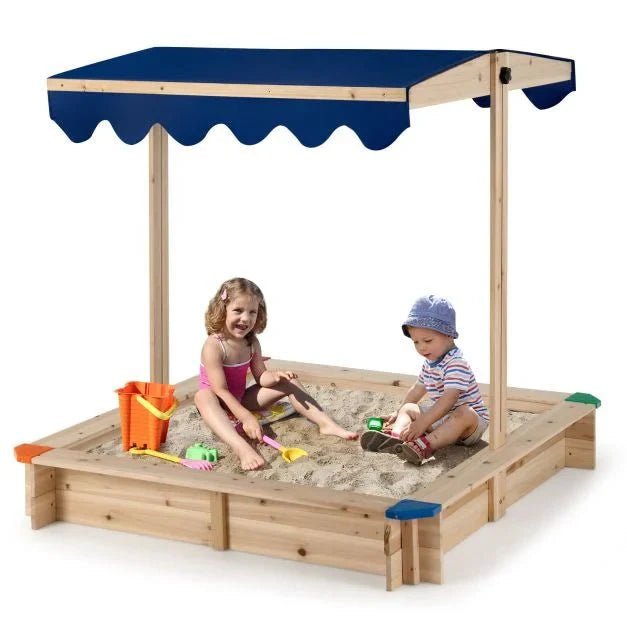 Wooden Kids Sandbox with Height‑Adjustable Canopy & Protective Corners - SGP Garden Ltd