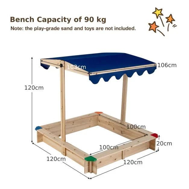 Wooden Kids Sandbox with Height‑Adjustable Canopy & Protective Corners - SGP Garden Ltd