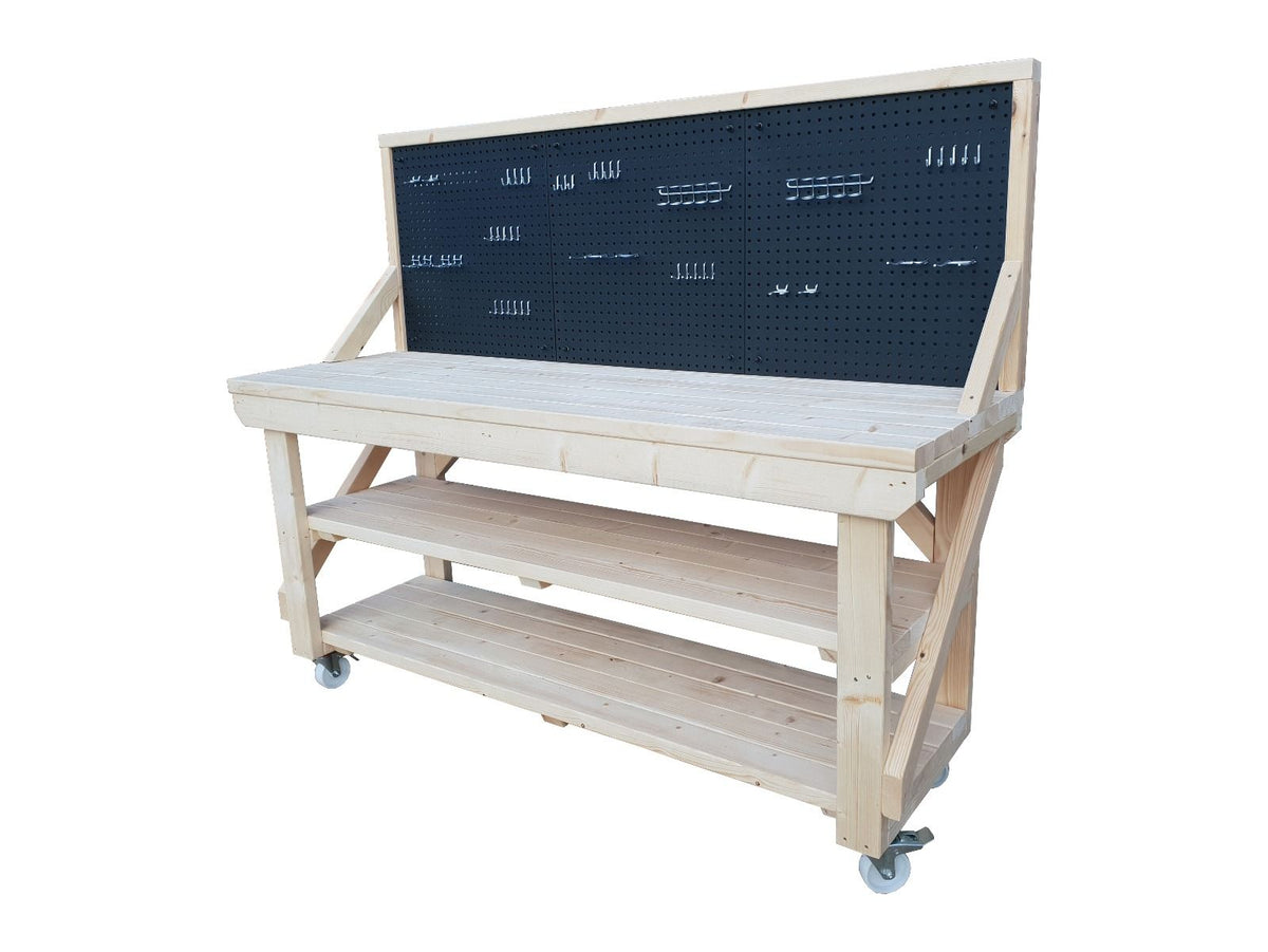 Wooden Kiln-dry Workbench With Peg Board with Double Shelf - SGP Garden Ltd