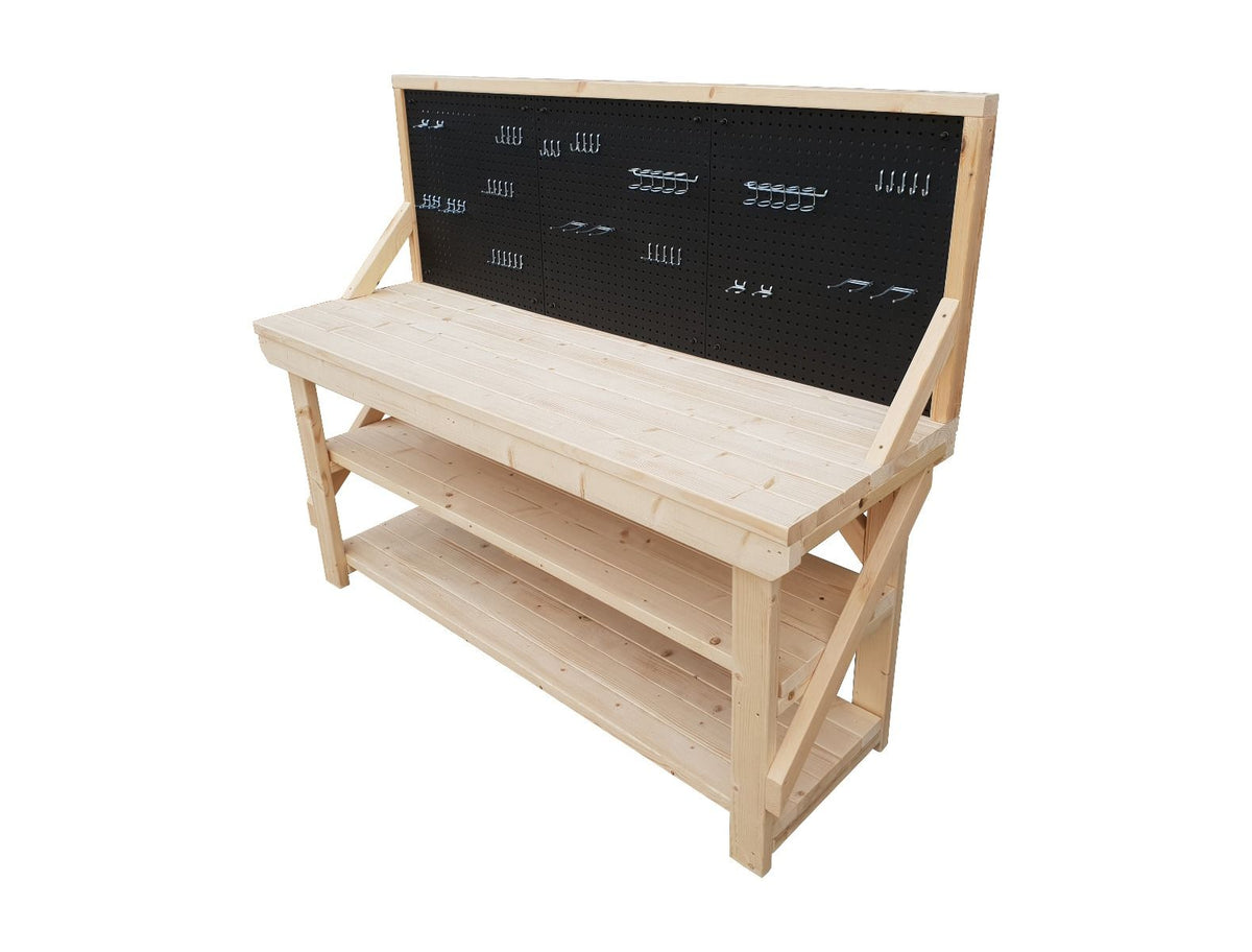 Wooden Kiln-dry Workbench With Peg Board with Double Shelf - SGP Garden Ltd