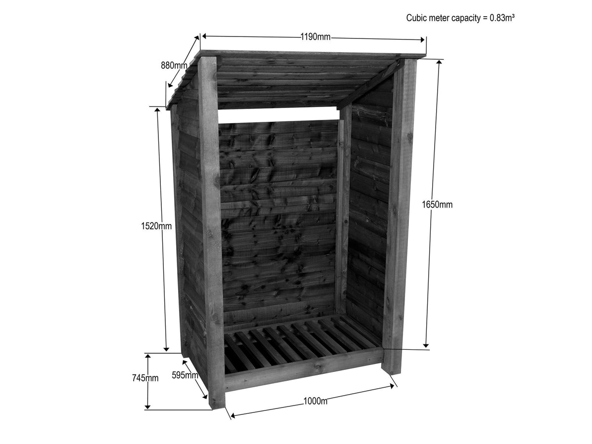 Wooden Log Store (Roof Sloping Back) W-119cm, H-126cm Or 180cm, D-88cm - SGP Garden Ltd