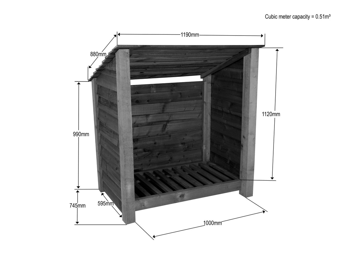 Wooden Log Store (Roof Sloping Back) W-119cm, H-126cm or 180cm, D-88cm - Brown Finish - SGP Garden Ltd