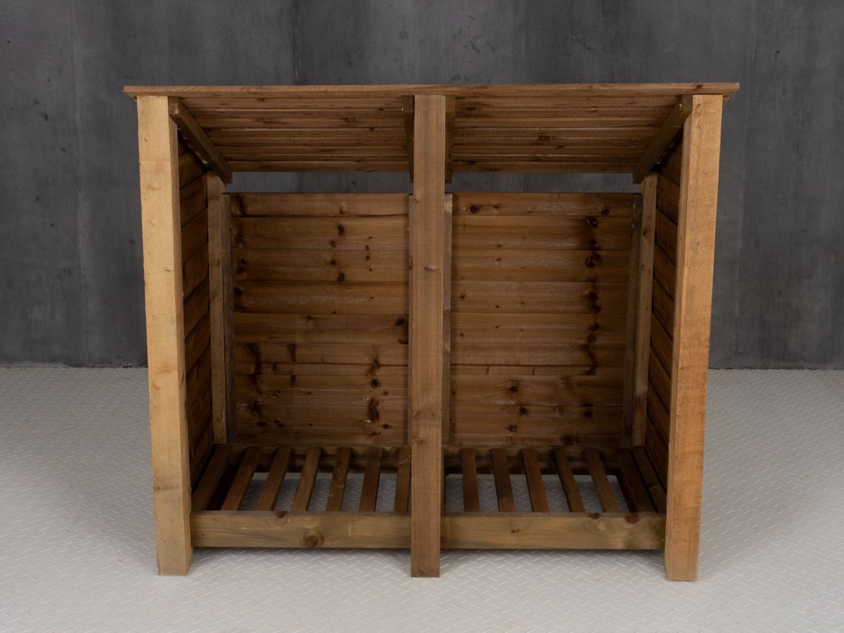 Wooden Log Store (Roof Sloping Back) W-146cm, H-126cm or 180cm, D-88cm - Brown Finish - SGP Garden Ltd